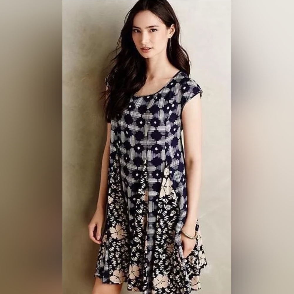 Maeve Anthropologie Indiga Swing Dress Blue Floral Tassel Sundress XS